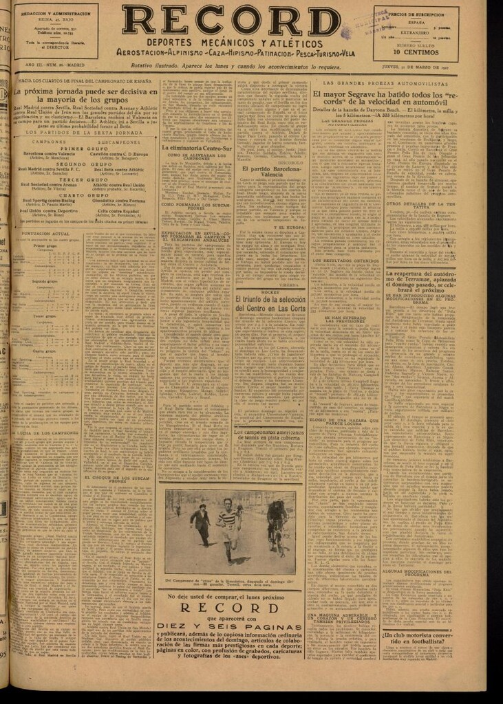 Miniatura de Record: deportes mecánicos y atléticos: aerostación, alpinismo, caza, hipismo, patinación, pesca, turismo, vela del 31 de marzo de 1927, nº 86