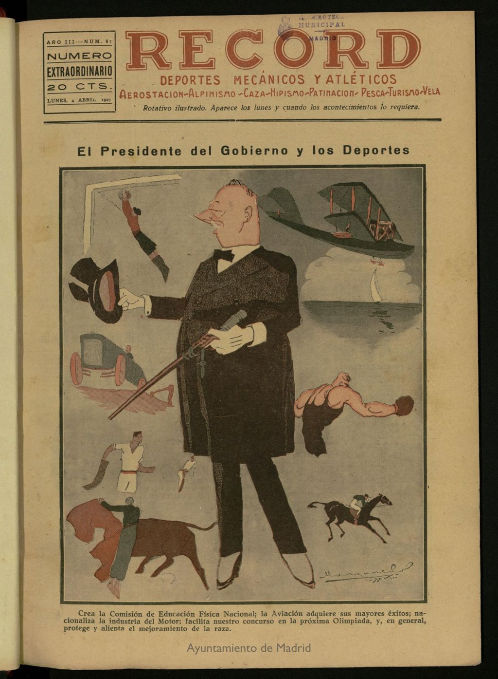Miniatura de Record: deportes mecánicos y atléticos: aerostación, alpinismo, caza, hipismo, patinación, pesca, turismo, vela, del 4 de abril de 1927, nº 87