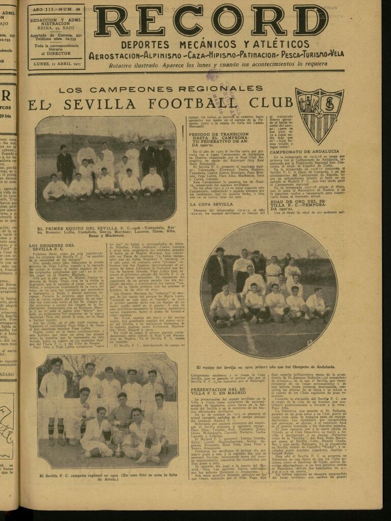Miniatura de Record: deportes mecánicos y atléticos: aerostación, alpinismo, caza, hipismo, patinación, pesca, turismo, vela. Del 11 de abril de 1927, nº 88