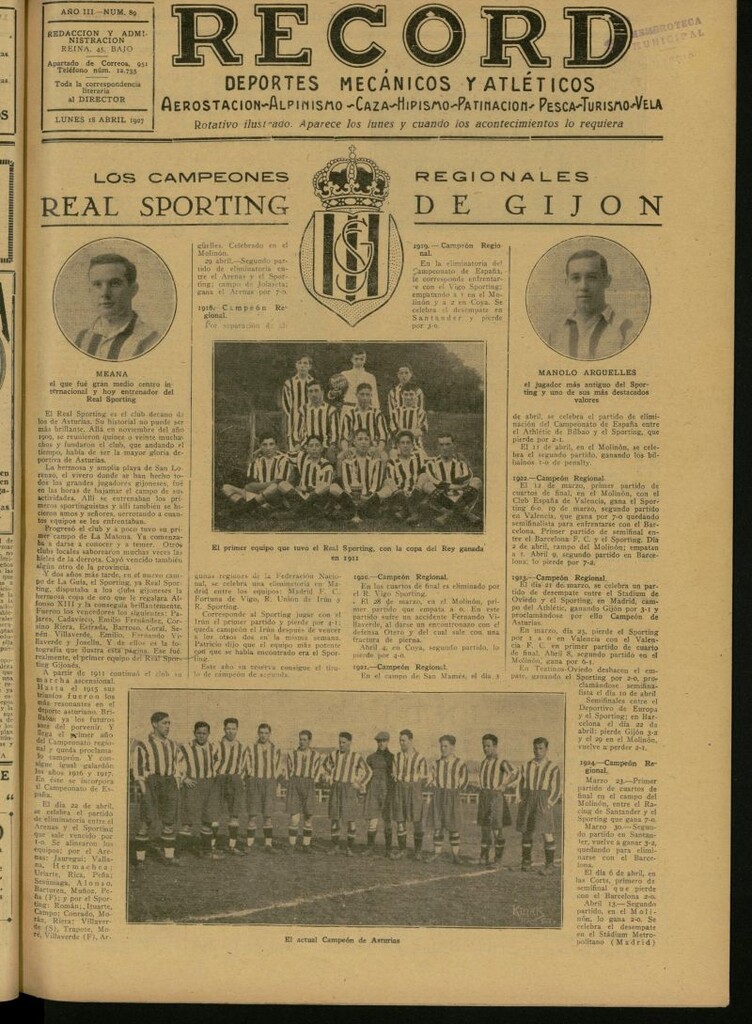 Miniatura de Record: deportes mecánicos y atléticos: aerostación, alpinismo, caza, hipismo, patinación, pesca, turismo, vela. Del 18 de abril de 1927, nº 89