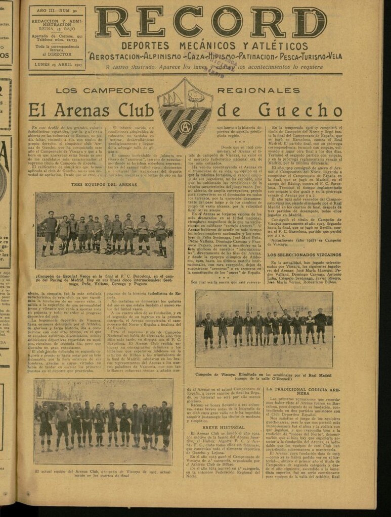 Miniatura de Record: deportes mecánicos y atléticos: aerostación, alpinismo, caza, hipismo, patinación, pesca, turismo, vela. Del 25 de abril de 1927, nº 90