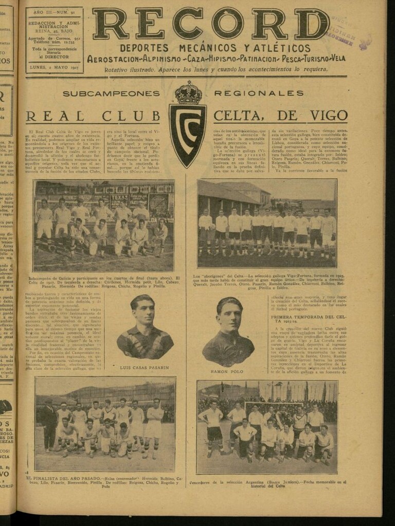 Miniatura de Record: deportes mecánicos y atléticos: aerostación, alpinismo, caza, hipismo, patinación, pesca, turismo, vela. Del 2 de mayo de 1927, nº 91