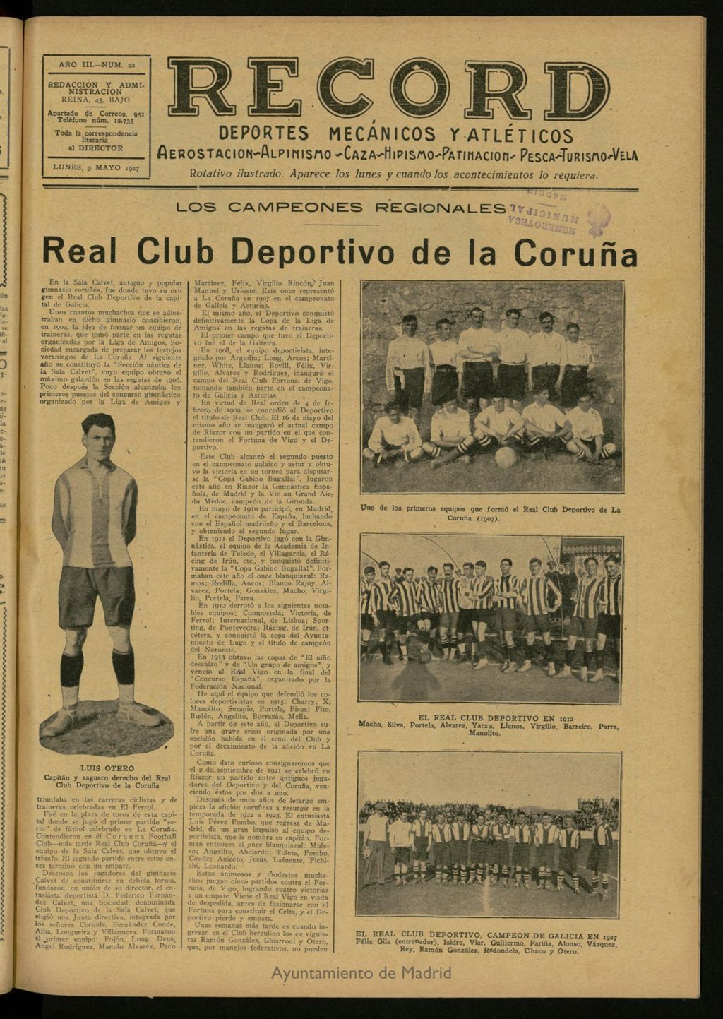 Miniatura de Record: deportes mecánicos y atléticos: aerostación, alpinismo, caza, hipismo, patinación, pesca, turismo, vela. Del 9 de mayo de 1927, nº 92