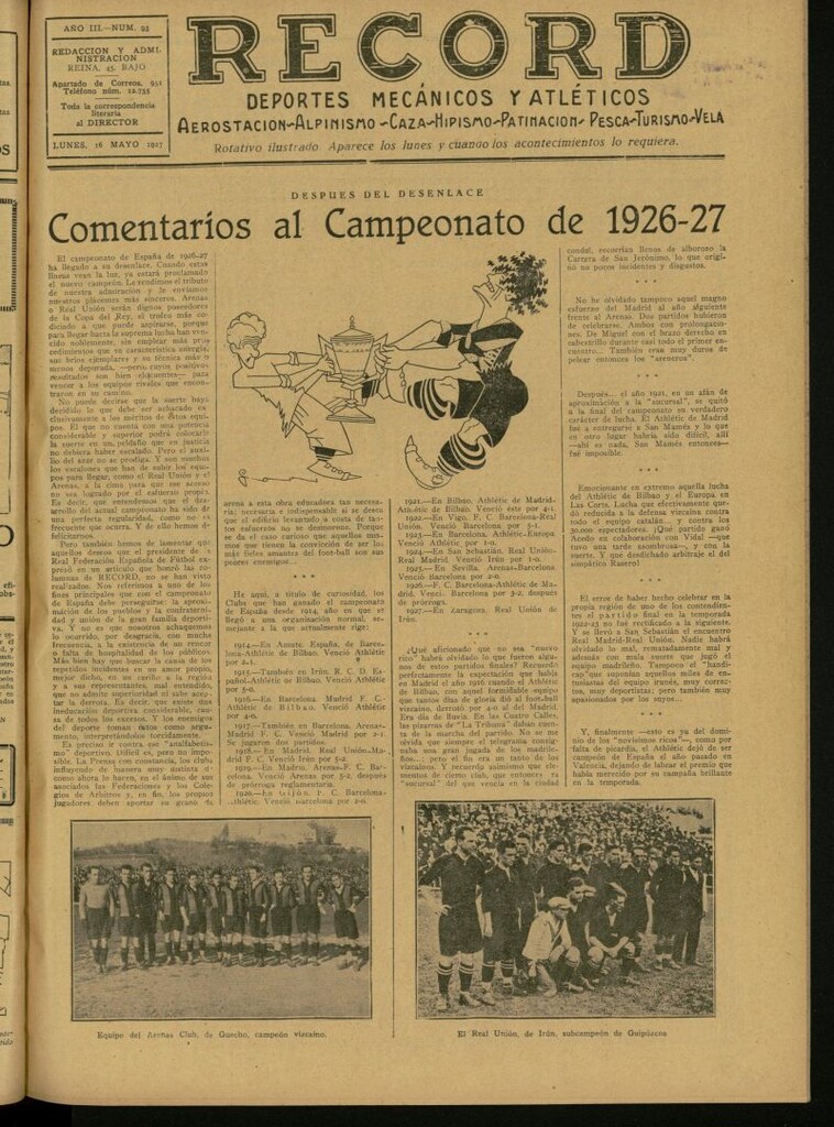 Miniatura de Record: deportes mecánicos y atléticos: aerostación, alpinismo, caza, hipismo, patinación, pesca, turismo, vela. Del 16 de mayo de 1927, nº 93