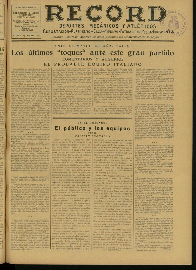 Miniatura de Record: deportes mecánicos y atléticos: aerostación, alpinismo, caza, hipismo, patinación, pesca, turismo, vela. Del 23 de mayo de 1927, nº 94