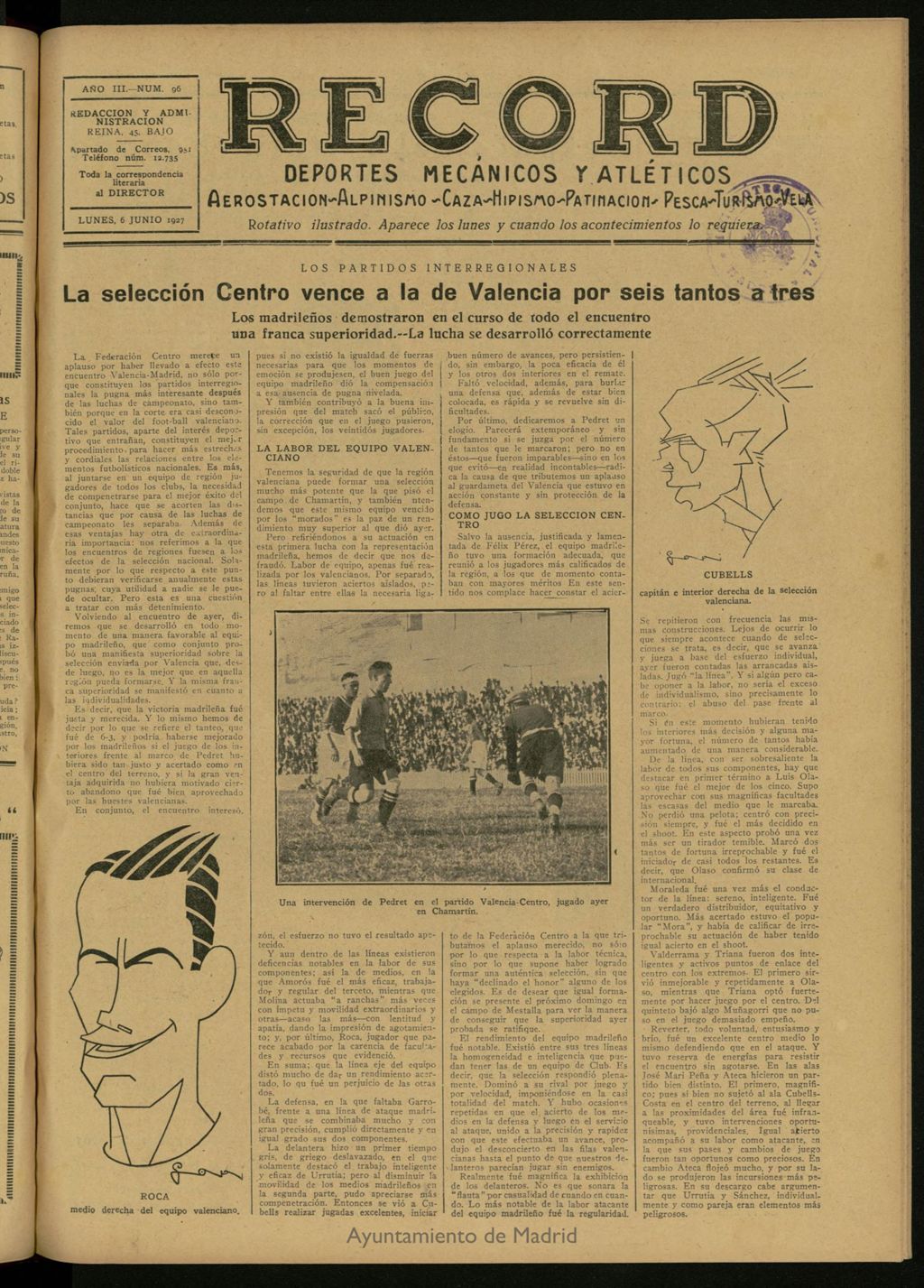 Miniatura de Record: deportes mecánicos y atléticos: aerostación, alpinismo, caza, hipismo, patinación, pesca, turismo, vela. Del 6 de junio de 1927, nº 96