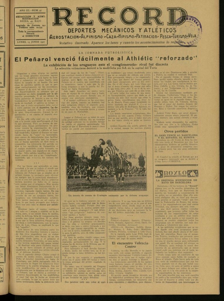Miniatura de Record: deportes mecánicos y atléticos: aerostación, alpinismo, caza, hipismo, patinación, pesca, turismo, vela. Del 13 de junio de 1927, nº 97