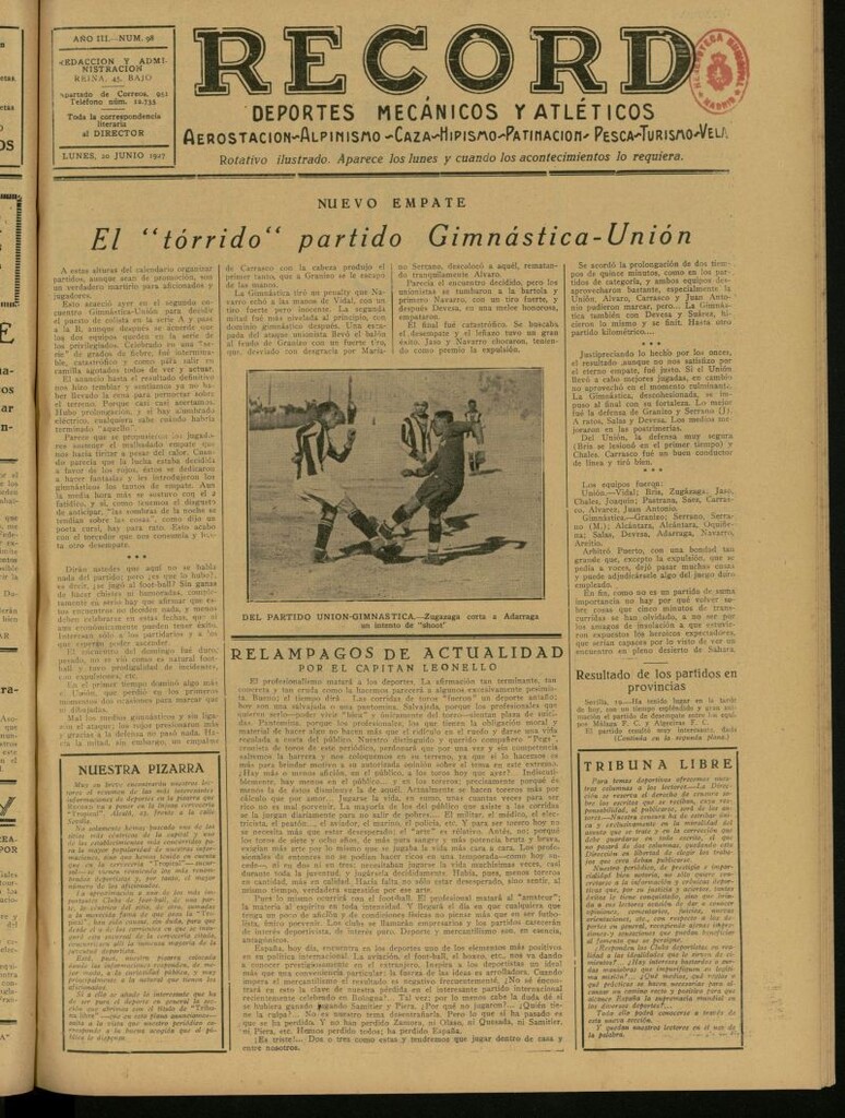 Miniatura de Record: deportes mecánicos y atléticos: aerostación, alpinismo, caza, hipismo, patinación, pesca, turismo, vela. Del 20 de junio de 1927, nº 98