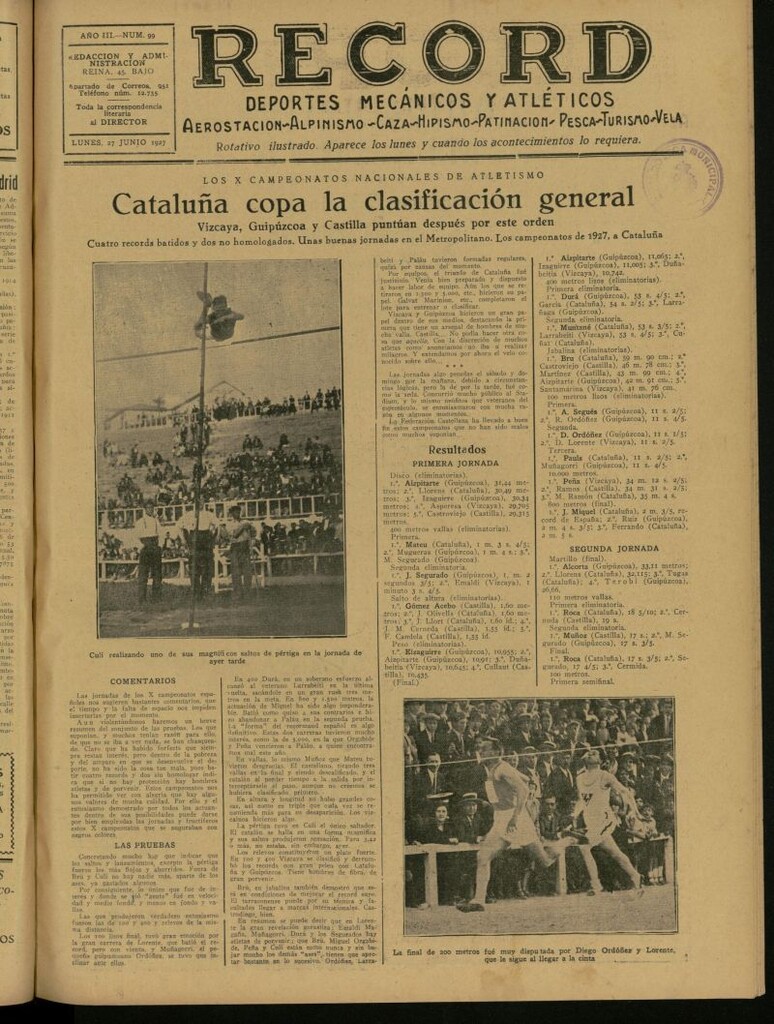 Miniatura de Record: deportes mecánicos y atléticos: aerostación, alpinismo, caza, hipismo, patinación, pesca, turismo, vela. Del 27 de junio de 1927, nº 99