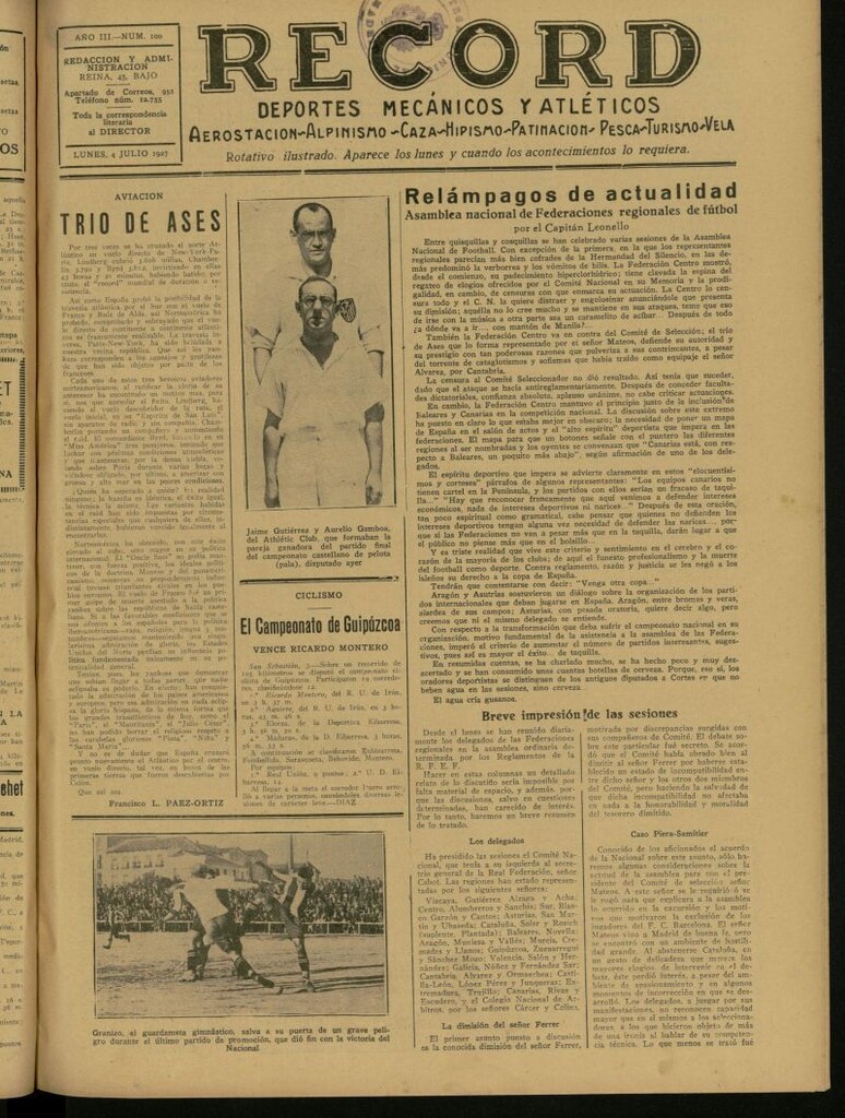 Miniatura de Record: deportes mecánicos y atléticos: aerostación, alpinismo, caza, hipismo, patinación, pesca, turismo, vela. Del 4 de julio de 1927, nº 100