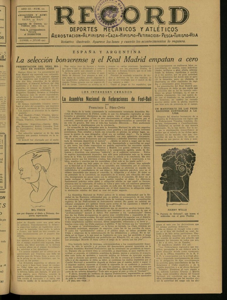 Miniatura de Record: deportes mecánicos y atléticos: aerostación, alpinismo, caza, hipismo, patinación, pesca, turismo, vela. Del 11 de julio de 1927, nº 101