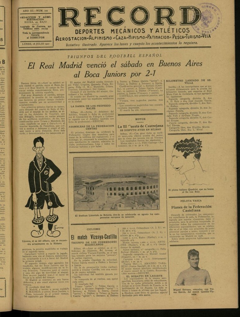 Miniatura de Record: deportes mecánicos y atléticos: aerostación, alpinismo, caza, hipismo, patinación, pesca, turismo, vela. Del 18 de julio de 1927, nº 102