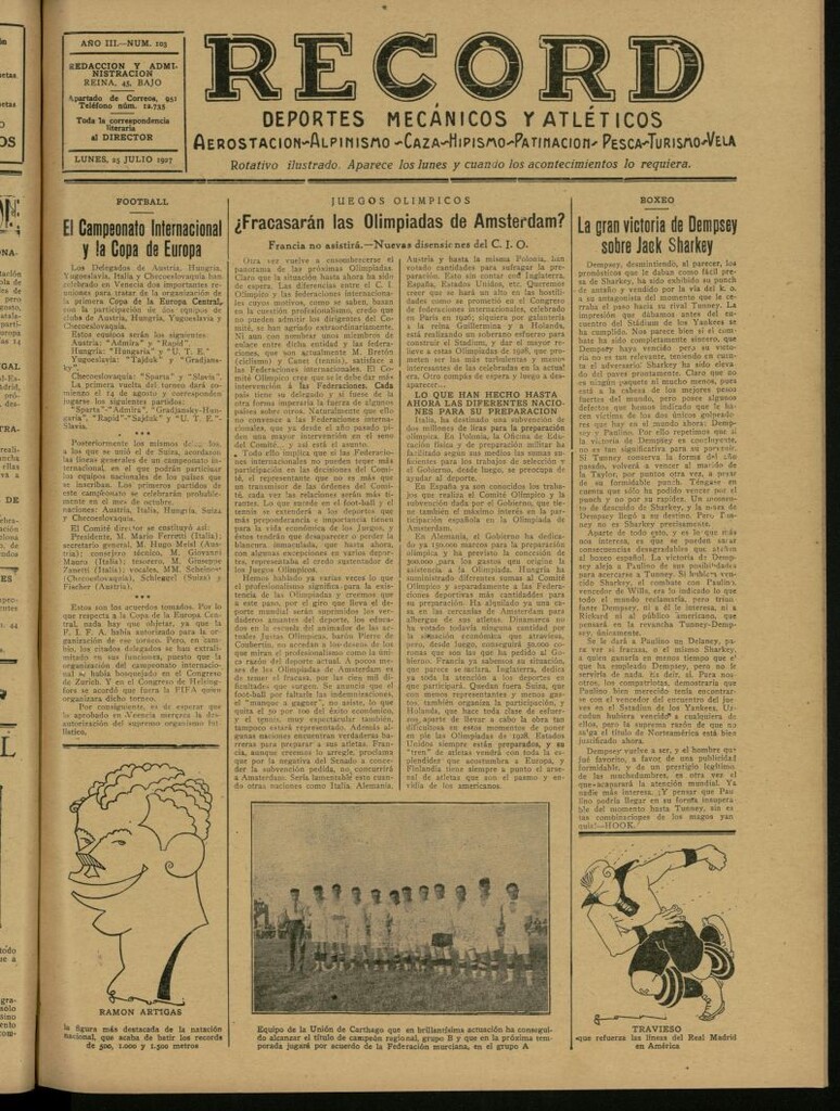 Miniatura de Record: deportes mecánicos y atléticos: aerostación, alpinismo, caza, hipismo, patinación, pesca, turismo, vela. Del 25 de julio de 1927, nº 103