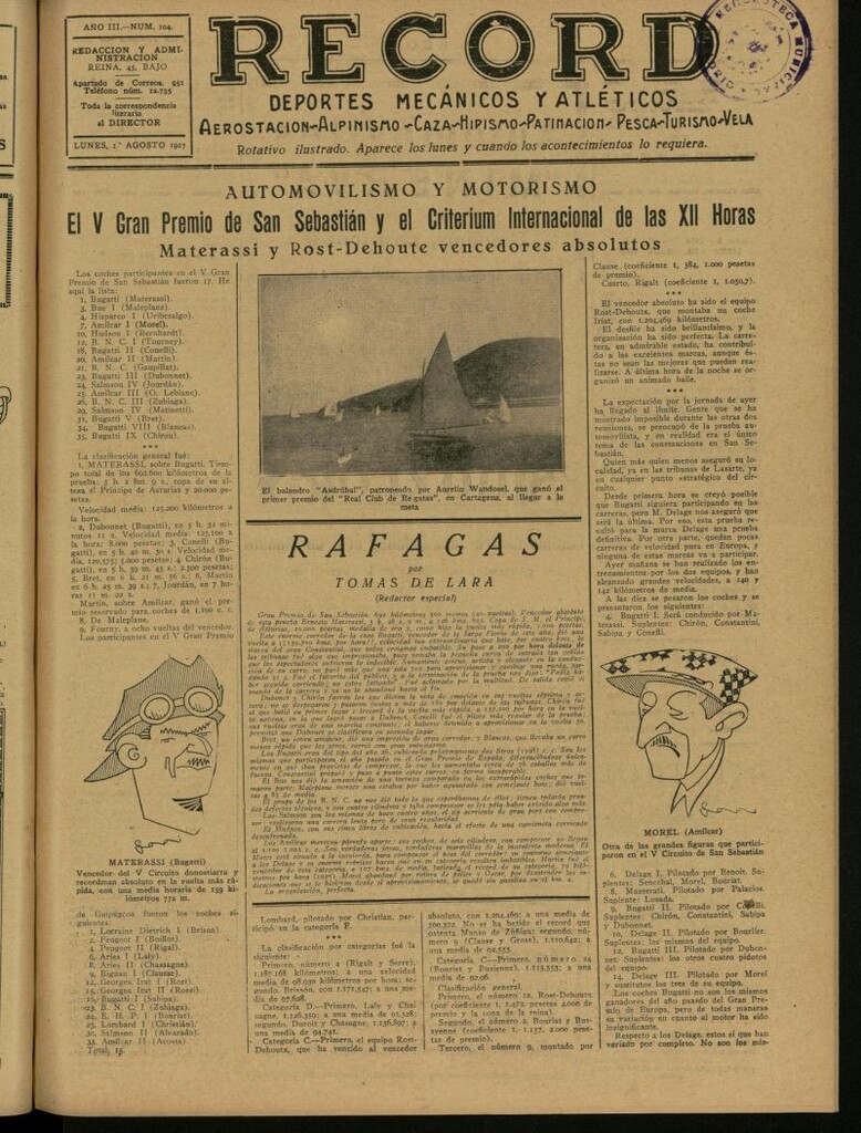 Miniatura de Record: deportes mecánicos y atléticos: aerostación, alpinismo, caza, hipismo, patinación, pesca, turismo, vela. Del 1 de agosto de 1927, nº 104