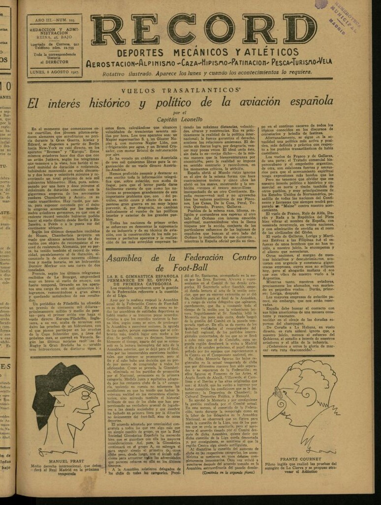 Miniatura de Record: deportes mecánicos y atléticos: aerostación, alpinismo, caza, hipismo, patinación, pesca, turismo, vela. Del 8 de agosto de 1927, nº 105