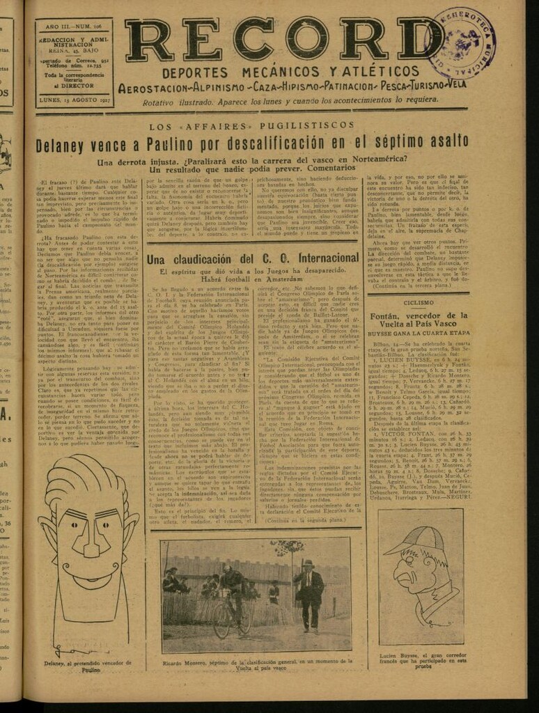 Miniatura de Record: deportes mecánicos y atléticos: aerostación, alpinismo, caza, hipismo, patinación, pesca, turismo, vela. Del 15 de agosto de 1927, nº 106