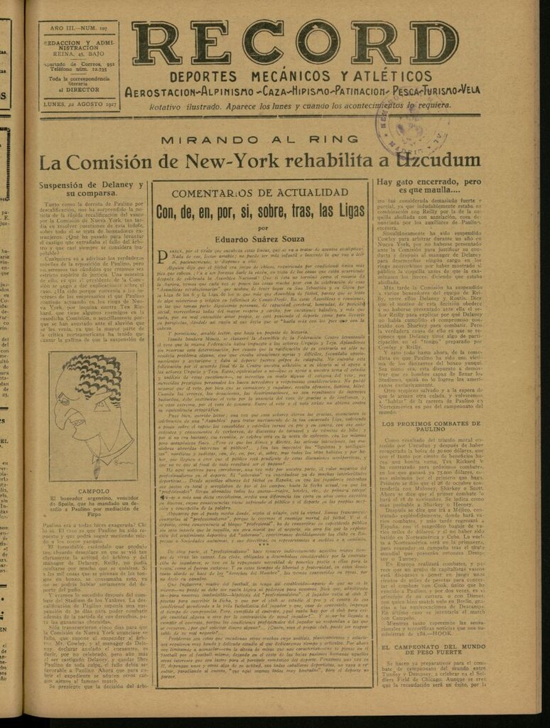 Miniatura de Record: deportes mecánicos y atléticos: aerostación, alpinismo, caza, hipismo, patinación, pesca, turismo, vela. Del 22 de agosto de 1927, nº 107