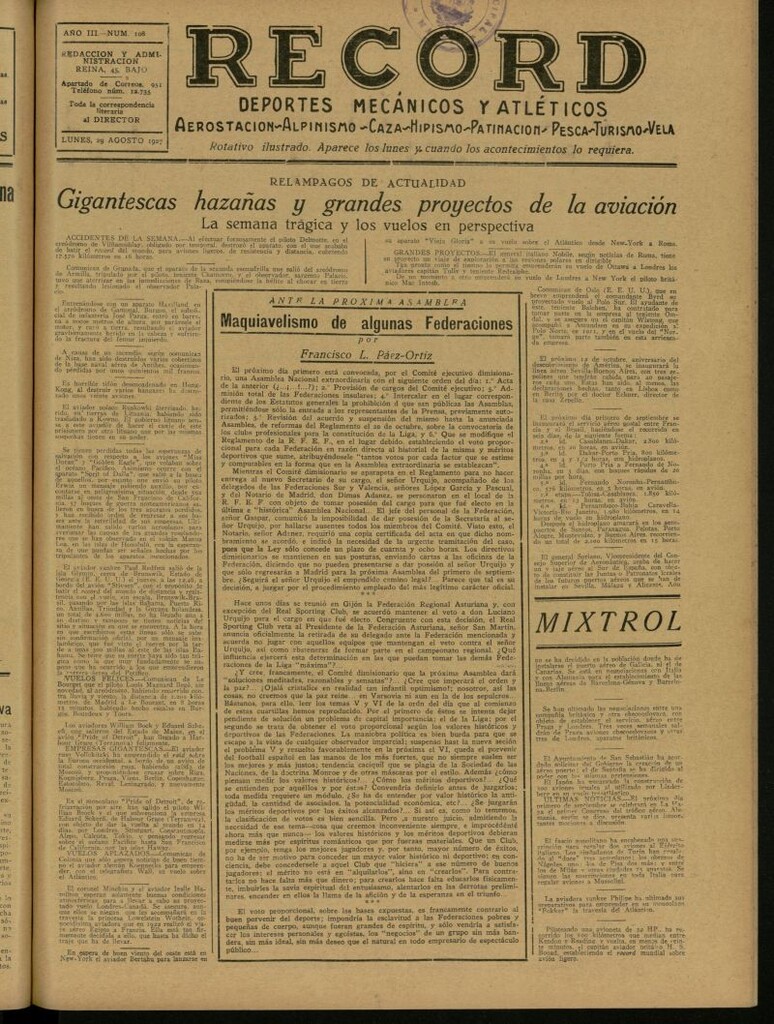 Miniatura de Record: deportes mecánicos y atléticos: aerostación, alpinismo, caza, hipismo, patinación, pesca, turismo, vela. Del 29 de agosto de 1927, nº 108