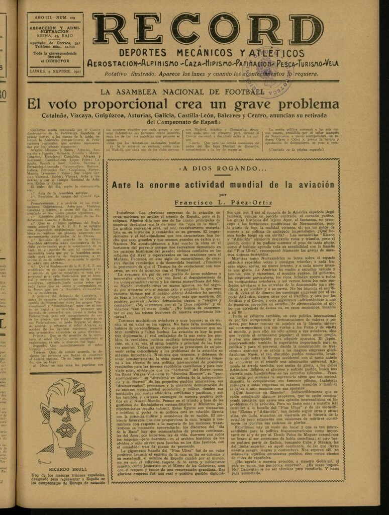 Miniatura de Record: deportes mecánicos y atléticos: aerostación, alpinismo, caza, hipismo, patinación, pesca, turismo, vela. Del 5 de septiembre de 1927, nº 109