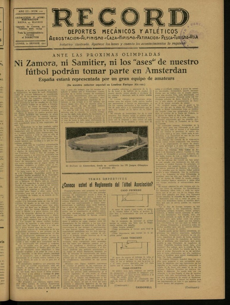 Miniatura de Record: deportes mecánicos y atléticos: aerostación, alpinismo, caza, hipismo, patinación, pesca, turismo, vela. Del 12 de septiembre de 1927, nº 110
