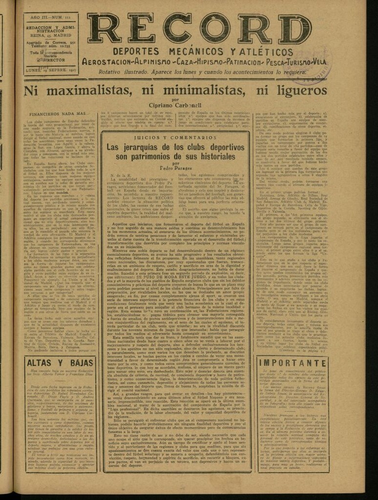 Miniatura de Record: deportes mecánicos y atléticos: aerostación, alpinismo, caza, hipismo, patinación, pesca, turismo, vela. Del 19 de septiembre de 1927, nº 111