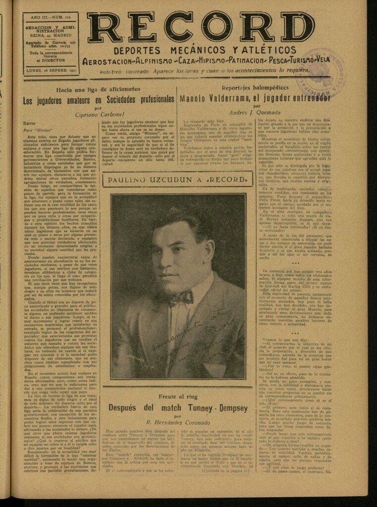 Miniatura de Record: deportes mecánicos y atléticos: aerostación, alpinismo, caza, hipismo, patinación, pesca, turismo, vela. Del 26 de septiembre de 1927, nº 112