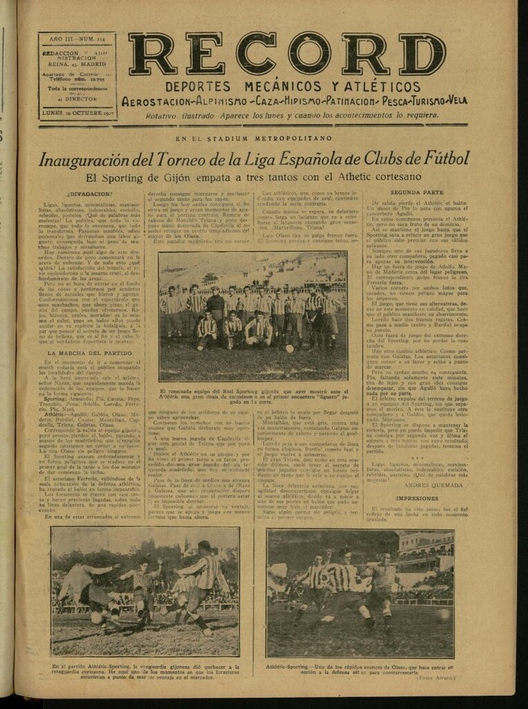 Miniatura de Record: deportes mecánicos y atléticos: aerostación, alpinismo, caza, hipismo, patinación, pesca, turismo, vela. Del 10 de octubre de 1927, nº 114