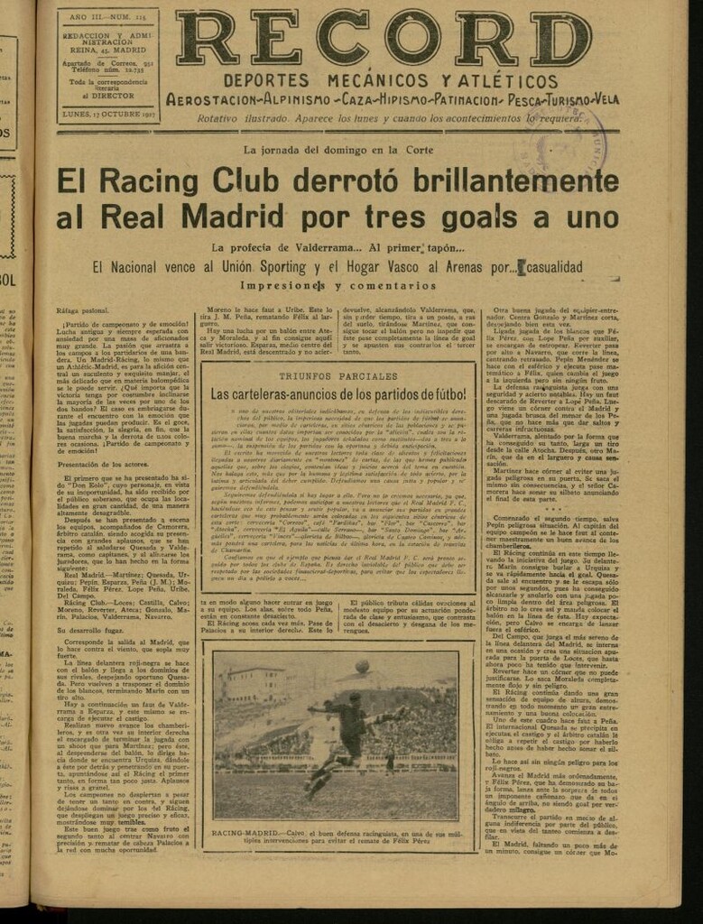 Miniatura de Record: deportes mecánicos y atléticos: aerostación, alpinismo, caza, hipismo, patinación, pesca, turismo, vela. Del 17 de octubre de 1927, nº 115