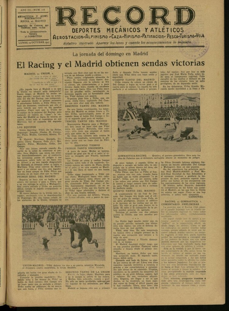 Miniatura de Record: deportes mecánicos y atléticos: aerostación, alpinismo, caza, hipismo, patinación, pesca, turismo, vela. Del 24 de octubre de 1927, nº 116