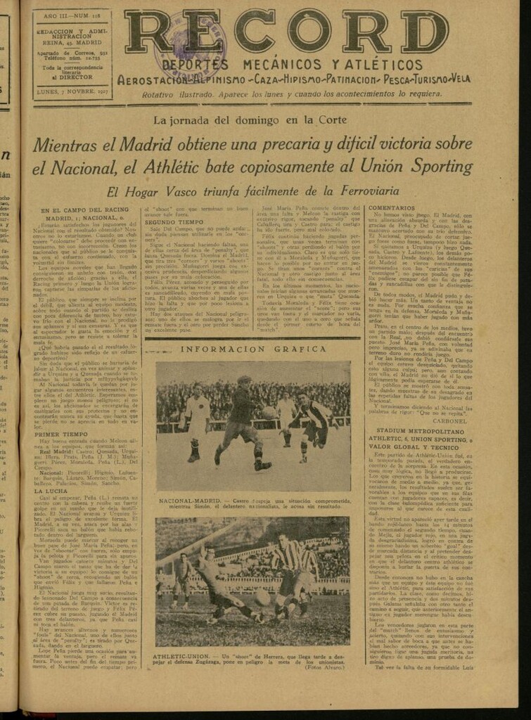 Miniatura de Record: deportes mecánicos y atléticos: aerostación, alpinismo, caza, hipismo, patinación, pesca, turismo, vela. Del 7 de noviembre de 1927, nº 118