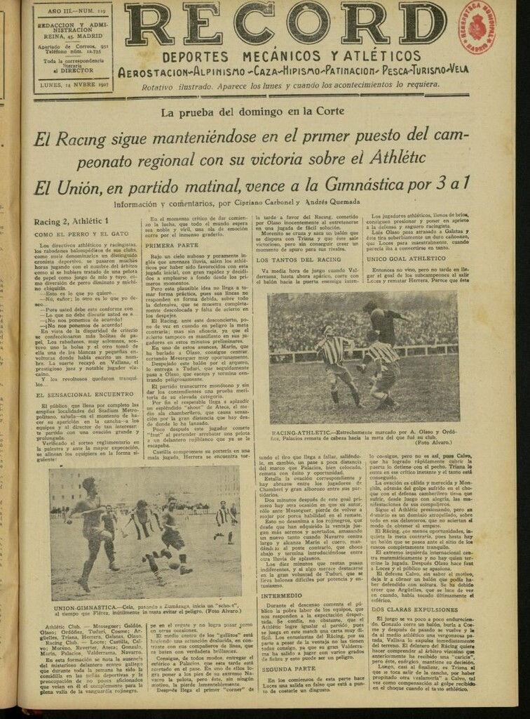 Miniatura de Record: deportes mecánicos y atléticos: aerostación, alpinismo, caza, hipismo, patinación, pesca, turismo, vela. Del 14 de noviembre de 1927, nº 119