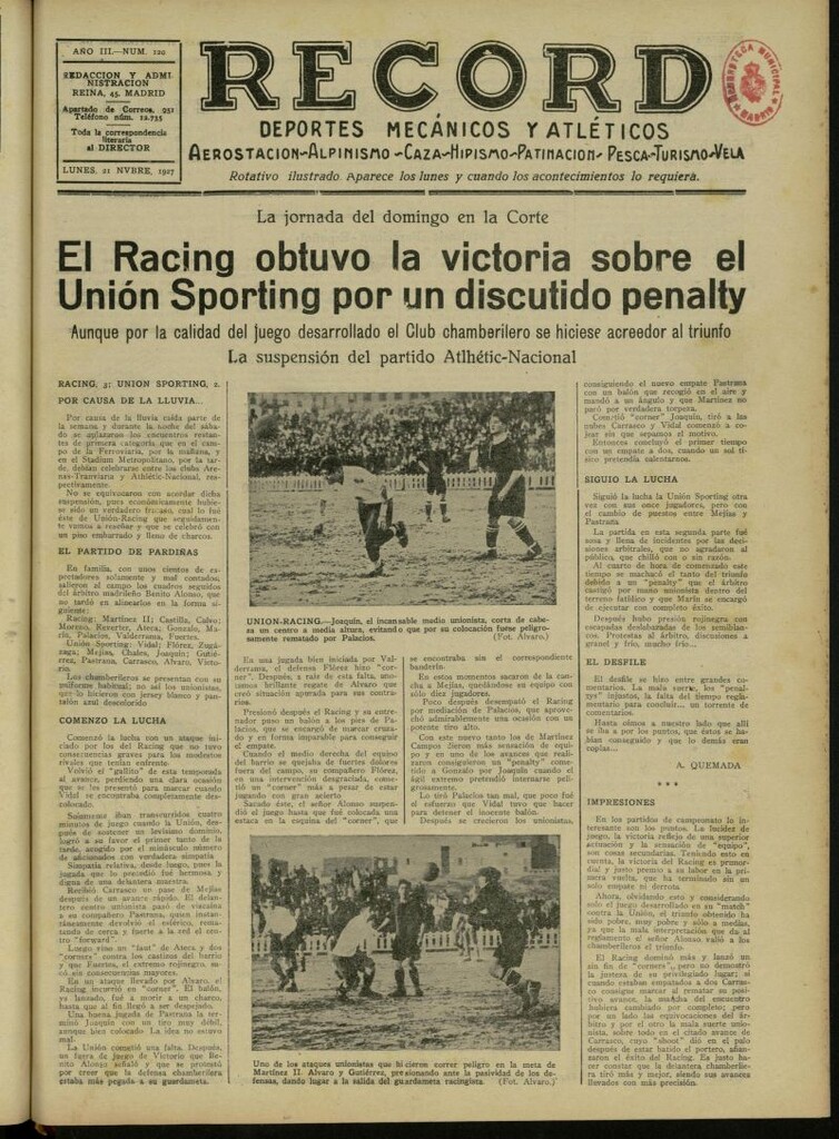 Miniatura de Record: deportes mecánicos y atléticos: aerostación, alpinismo, caza, hipismo, patinación, pesca, turismo, vela. Del 21 de noviembre de 1927, nº 120
