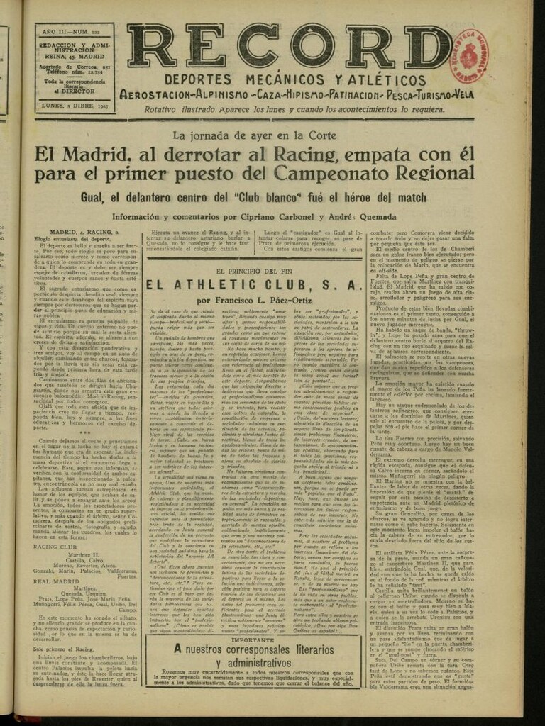 Miniatura de Record: deportes mecánicos y atléticos: aerostación, alpinismo, caza, hipismo, patinación, pesca, turismo, vela. Del 5 de diciembre de 1927, nº 122