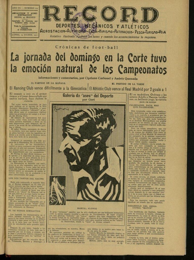 Miniatura de Record: deportes mecánicos y atléticos: aerostación, alpinismo, caza, hipismo, patinación, pesca, turismo, vela. Del 19 de diciembre de 1927, nº 124