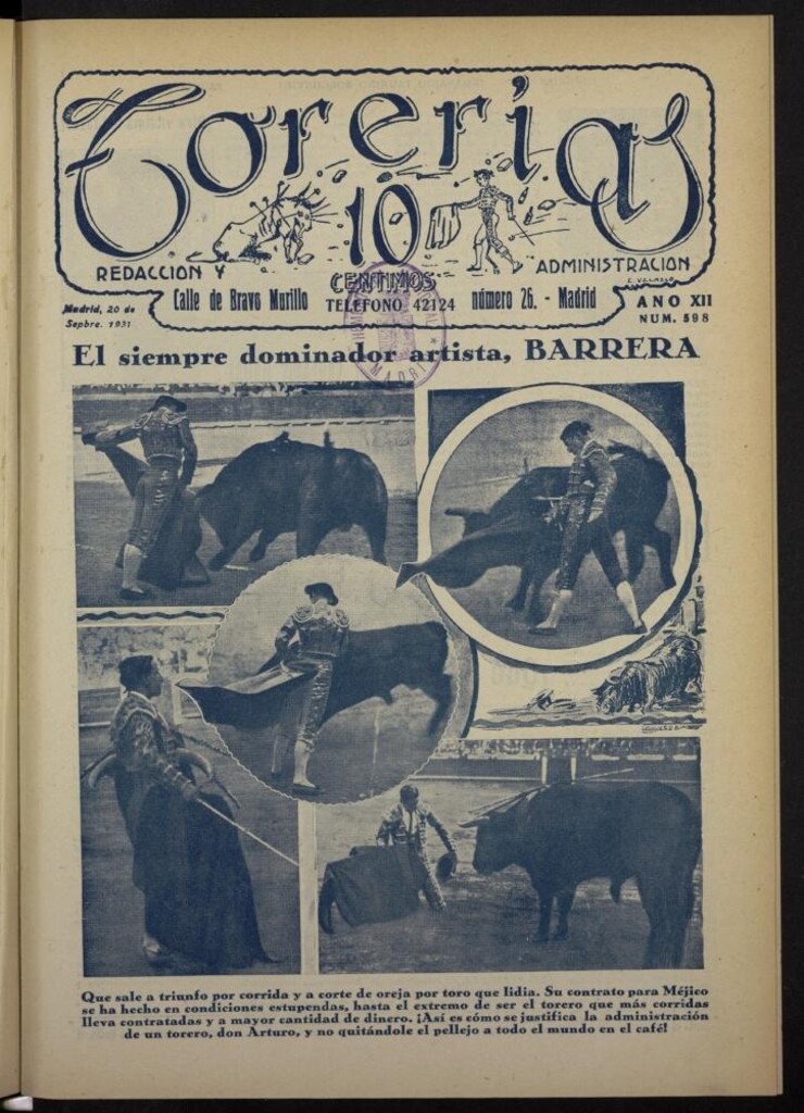 Miniatura de Torerías del 20 de septiembre de 1931, nº 598