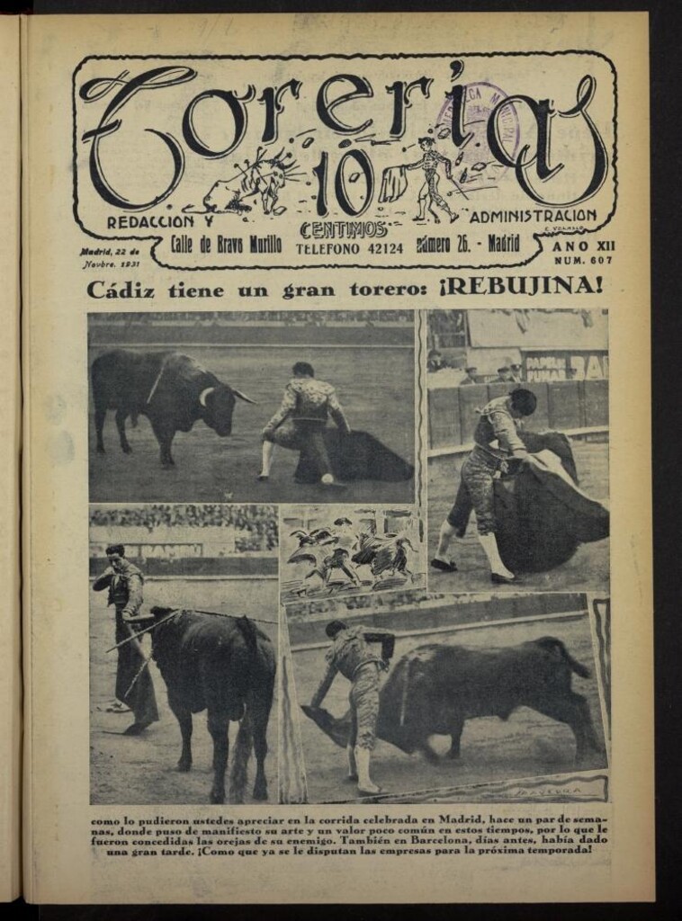 Miniatura de Torerías del 22 de noviembre de 1931, nº 607