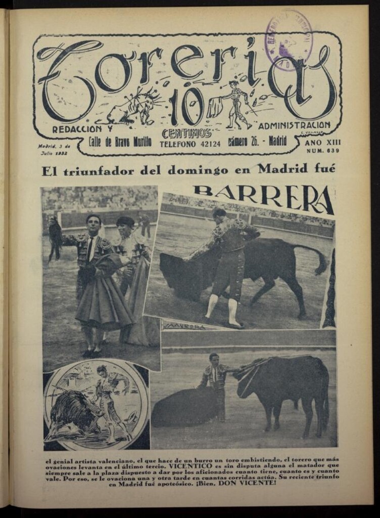 Miniatura de Torerías del 3 de julio de 1932, nº 639