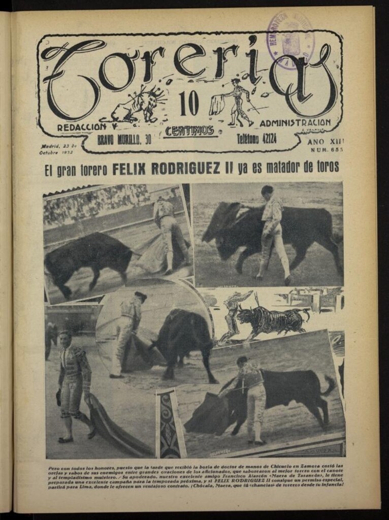 Miniatura de Torerías del 23 de octubre de 1932, nº 655