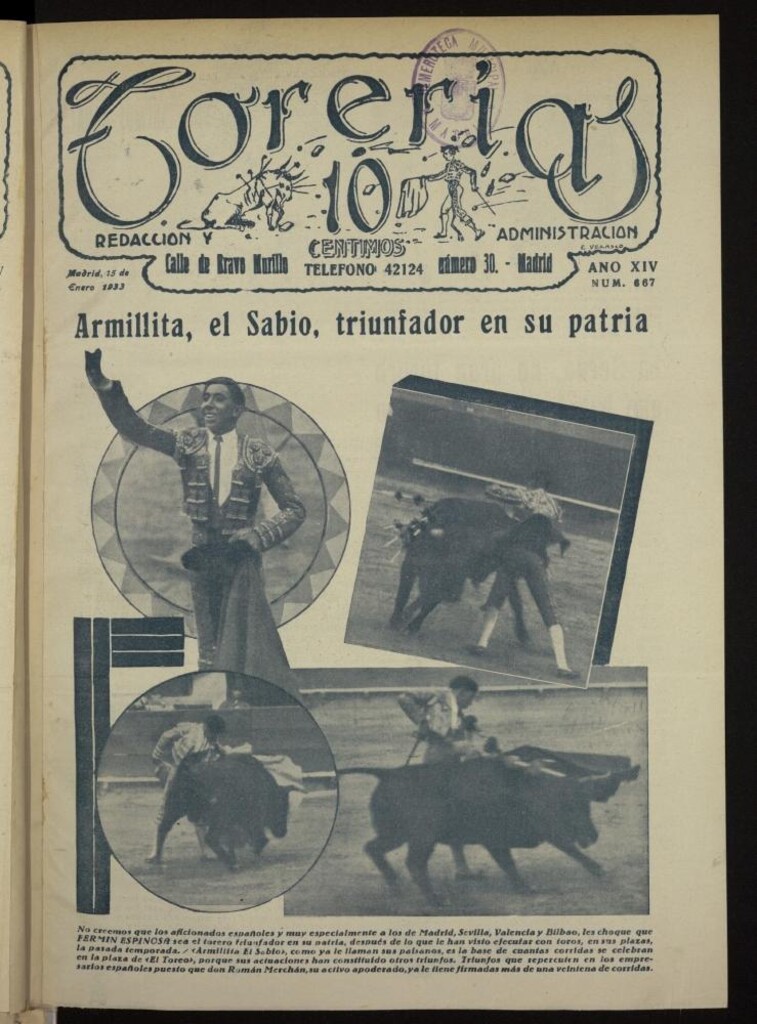 Miniatura de Torerías del 15 de enero de 1933, nº 667