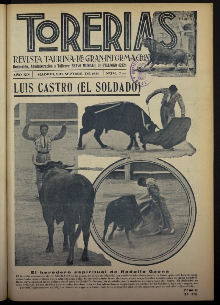 Miniatura de Torerías del 3 de septiembre de 1933, nº 700