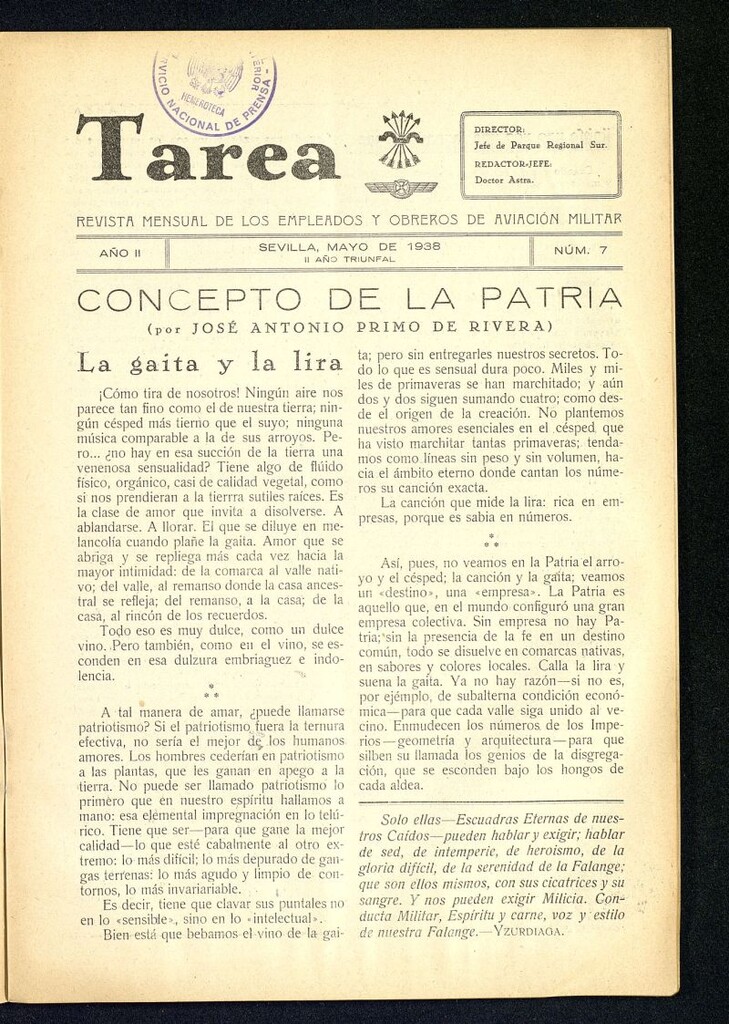 Miniatura de Tarea : revista mensual de los empleados y obreros de aviación militar de mayo de 1938, nº 7