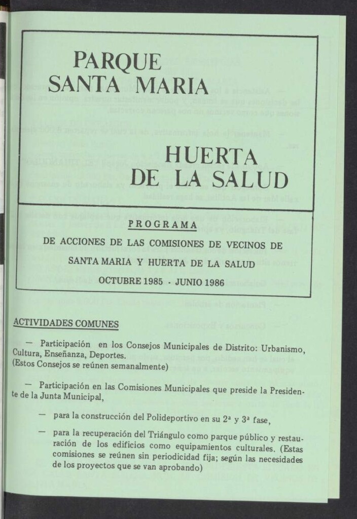 Miniatura de La Unión de Hortaleza. Programa de acciones de las comisiones de vecinos de Santa María y Huerta de la Salud. Octubre de 1985-Junio de 1986