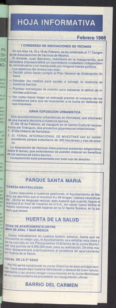 Miniatura de La Unión de Hortaleza. Hoja informativa del Centro Cultural Huerta de la Salud de febrero de 1986