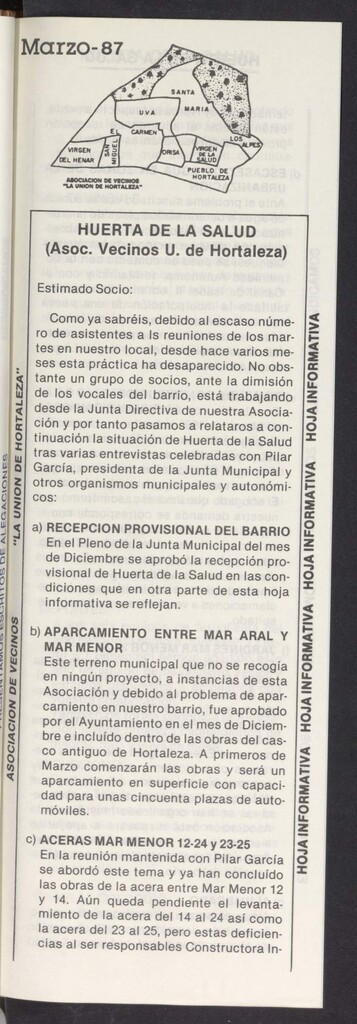 Miniatura de La Unión de Hortaleza. Hoja informativa del Centro Cultural Huerta de la Salud de marzo de 1987