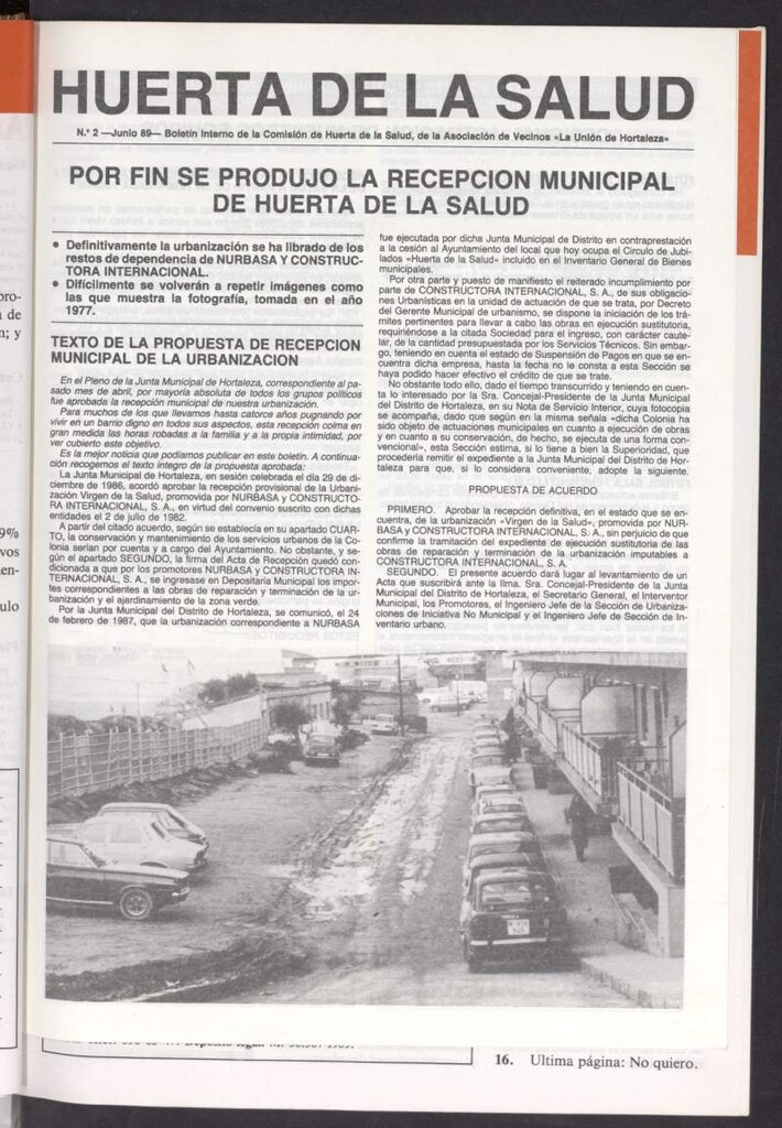 Miniatura de La Unión de Hortaleza. Boletín interno de la Comisión de Huerta de la Salud de junio de 1989, nº 2