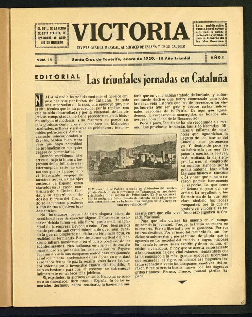 Miniatura de Victoria : revista mensual, al servicio de España y su Caudillo  de enero de 1939, nº 14
