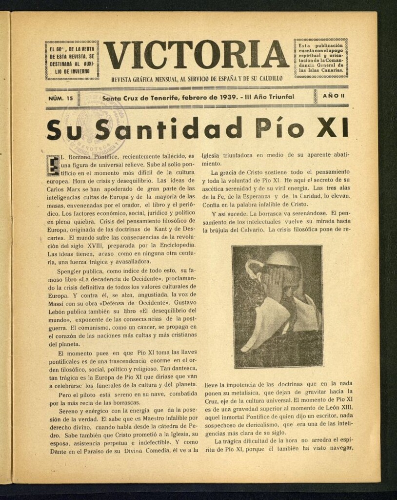 Miniatura de Victoria : revista mensual, al servicio de España y su Caudillo  de febrero de 1939, nº 15