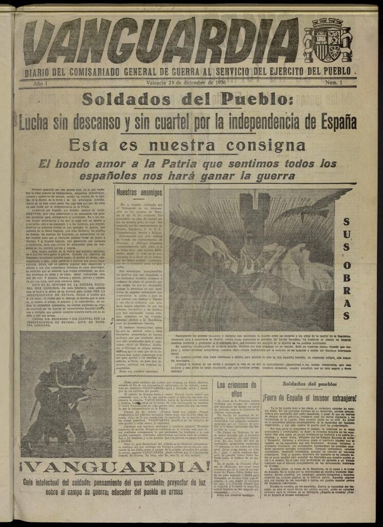 Miniatura de Vanguardia: Diario del Comisariado General de Guerra al servicio del ejército del pueblo del 20 de diciembre de 1936,nº 1