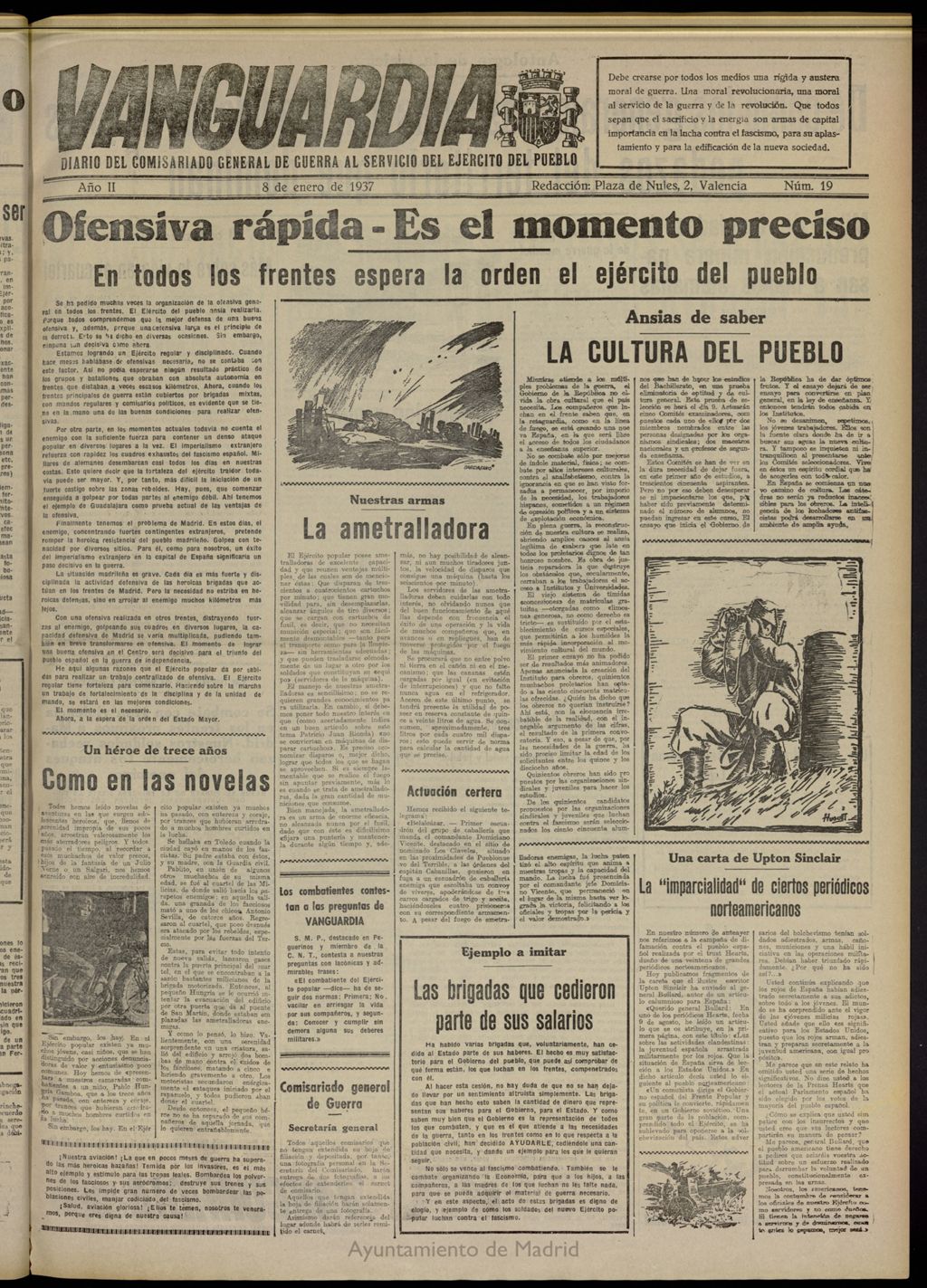 Miniatura de Vanguardia: Diario del Comisariado General de Guerra al servicio del ejército del pueblo del 8 de enero de 1937, nº 19