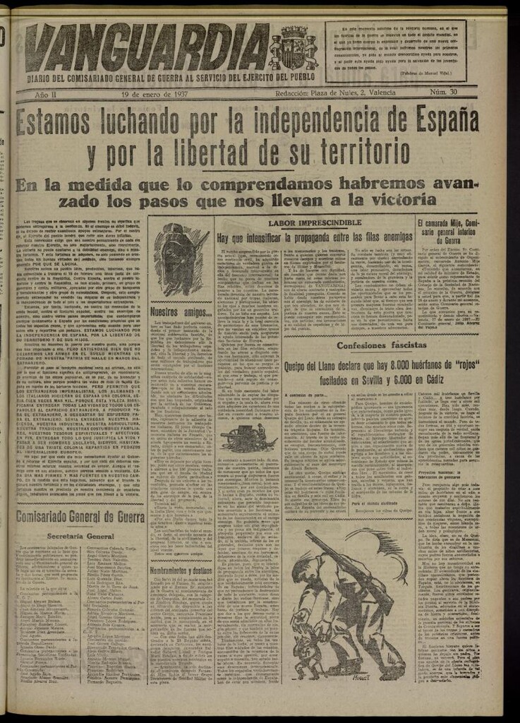 Miniatura de Vanguardia: Diario del Comisariado General de Guerra al servicio del ejército del pueblo del 19 de enero de 1937, nº 30